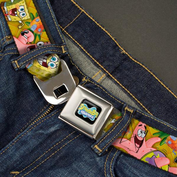 Buckle-Down SpongeBob SquarePants Logo Full Color Black Seatbelt Belt - SpongeBob & Patrick Starfish Poses Pineapple Gold Webbing