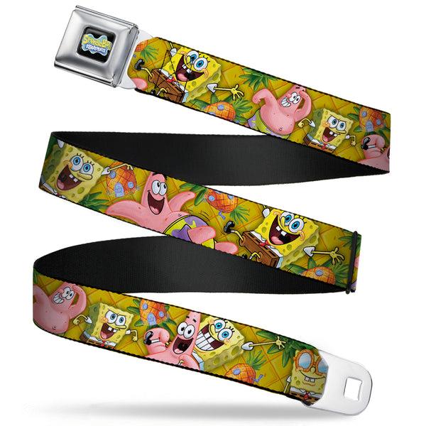 Buckle-Down SpongeBob SquarePants Logo Full Color Black Seatbelt Belt - SpongeBob & Patrick Starfish Poses Pineapple Gold Webbing