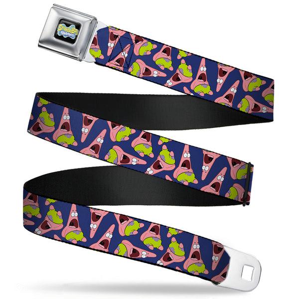 Buckle-Down SpongeBob SquarePants Logo Full Color Black Seatbelt Belt - Patrick Starfish Pose Scattered Purple Webbing