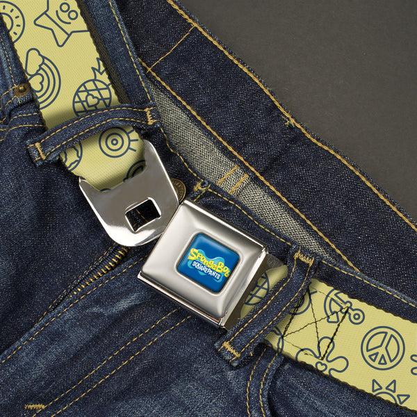 Buckle-Down SpongeBob SquarePants Logo Full Color Blues Seatbelt Belt - SpongeBob SquarePants And Friends Line Art Collage Yellow/Gray Webbing