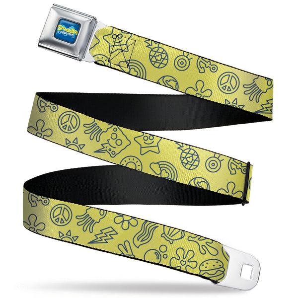 Buckle-Down SpongeBob SquarePants Logo Full Color Blues Seatbelt Belt - SpongeBob SquarePants and Friends Line Art Collage Yellow/Gray Webbing