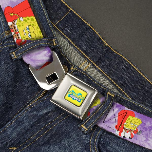 Buckle-Down SpongeBob SquarePants Logo Full Color Yellow/Blues Seatbelt Belt - SpongeBob SquarePants Dozing Meme Pose Tie Dye Purples Webbing