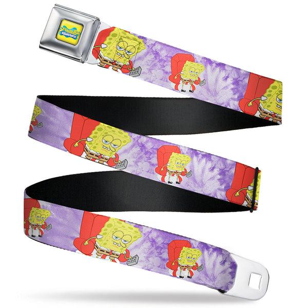 Buckle-Down SpongeBob SquarePants Logo Full Color Yellow/Blues Seatbelt Belt - SpongeBob SquarePants Dozing Meme Pose Tie Dye Purples Webbing