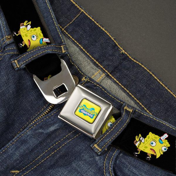 Buckle-Down SpongeBob SquarePants Logo Full Color Yellows/Blues Seatbelt Belt - Mocking SpongeBob SquarePants Pose Black Webbing