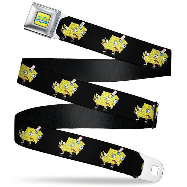Buckle-Down SpongeBob SquarePants Logo Full Color Yellows/Blues Seatbelt Belt - Mocking SpongeBob SquarePants Pose Black Webbing