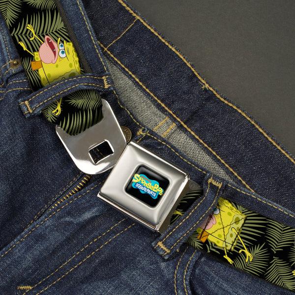 Buckle-Down SpongeBob SquarePants Logo2 Full Color Black Seatbelt Belt - Primitive Sponge Pose/Leaves Black/Green Webbing