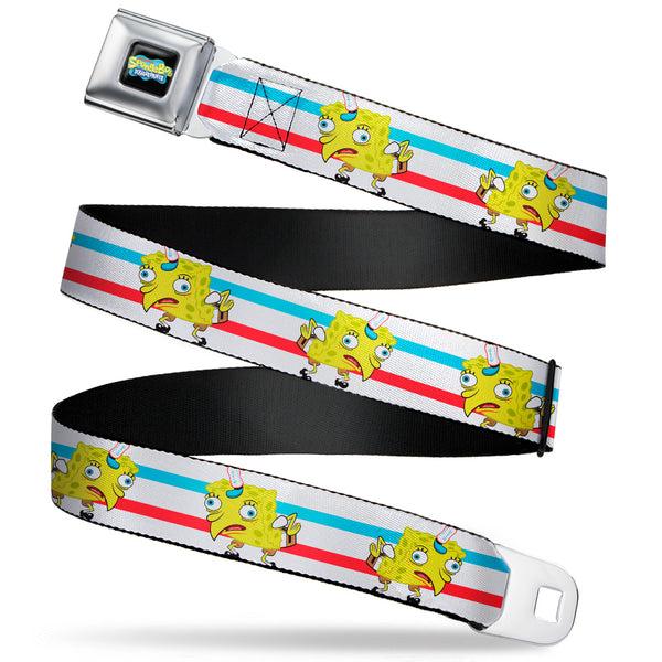 Buckle-Down SpongeBob SquarePants Logo2 Full Color Black Seatbelt Belt - Mocking SpongeBob Pose Stripe White/Blue/Red Webbing