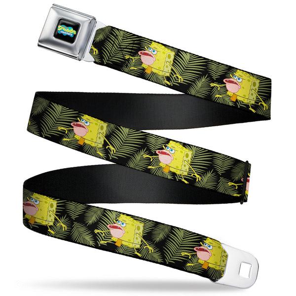Buckle-Down SpongeBob SquarePants Logo2 Full Color Black Seatbelt Belt - Primitive Sponge Pose/Leaves Black/Green Webbing