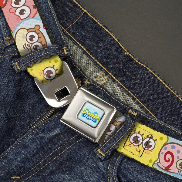 Buckle-Down SPONGEBOB SQUAREPANTS Title Logo Full Color Blues/Yellow Seatbelt Belt - SpongeBob SquarePants And Friends Close-Up Face Light Blue Webbing