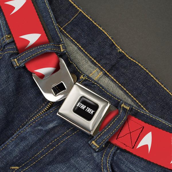 Buckle-Down STAR TREK Text Logo Full Color Black/White Seatbelt Belt - Star Trek Starfleet Insignia Red/White Webbing