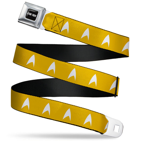 Buckle-Down STAR TREK Text Logo Full Color Black/White Seatbelt Belt - Star Trek Starfleet Insignia Golden Yellow/White Webbing