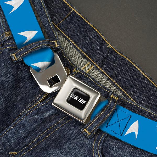 Buckle-Down STAR TREK Text Logo Full Color Black/White Seatbelt Belt - Star Trek Starfleet Insignia Blue/White Webbing