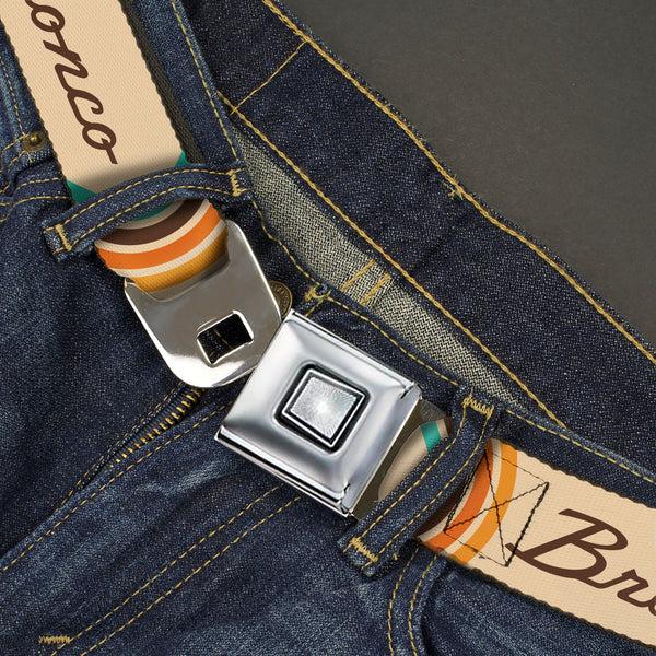Buckle-Down Starburst Seatbelt Belt - Ford BRONCO Script Beige/Brown/Blue/Orange Webbing