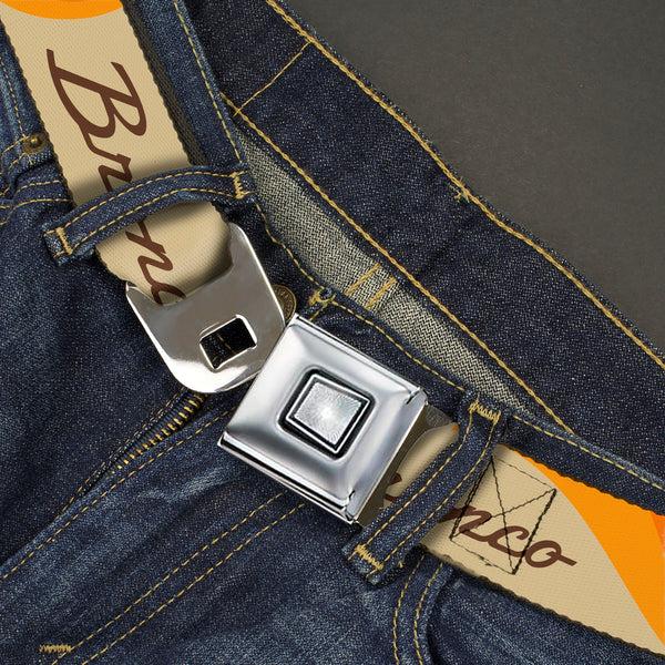 Buckle-Down Starburst Seatbelt Belt - Ford BRONCO Script Wave Beige/Brown/Blue/Orange Webbing
