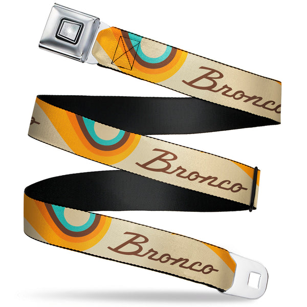 Buckle-Down Starburst Seatbelt Belt - Ford BRONCO Script Wave Beige/Brown/Blue/Orange Webbing