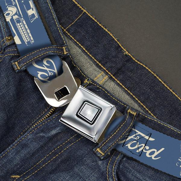 Buckle-Down Starburst Seatbelt Belt - FORD Script And Vintage Truck Blue/White Webbing