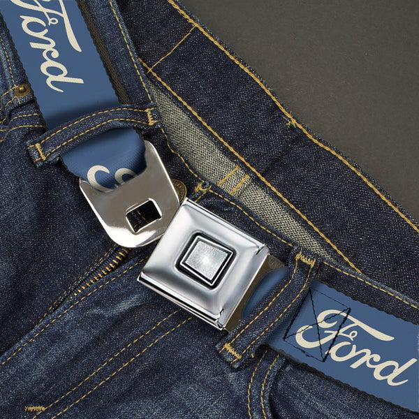 Buckle-Down Starburst Seatbelt Belt - FORD Script Blue/White Webbing