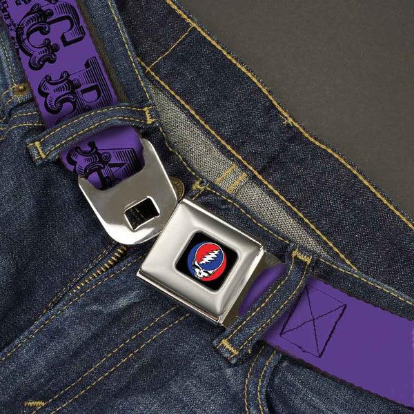 Buckle-Down Steal Your Face Seatbelt Belt - Grateful Dead Text W/Skull & Roses Purple Webbing