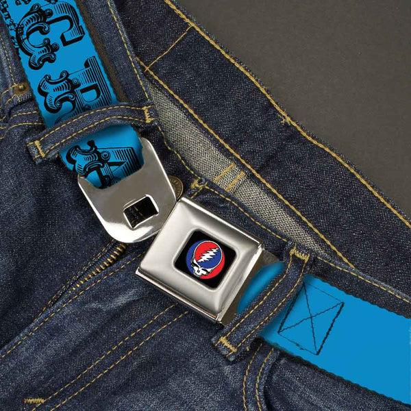 Buckle-Down Steal Your Face Seatbelt Belt - Grateful Dead Text W/Skull & Roses Turquoise Webbing