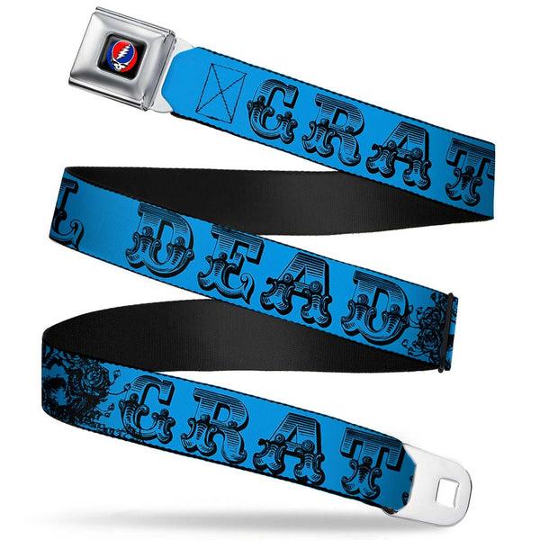 Buckle-Down Steal Your Face Seatbelt Belt - Grateful Dead Text w/Skull & Roses Turquoise Webbing