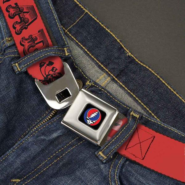 Buckle-Down Steal Your Face Seatbelt Belt - Grateful Dead Text W/Skull & Roses Red Webbing