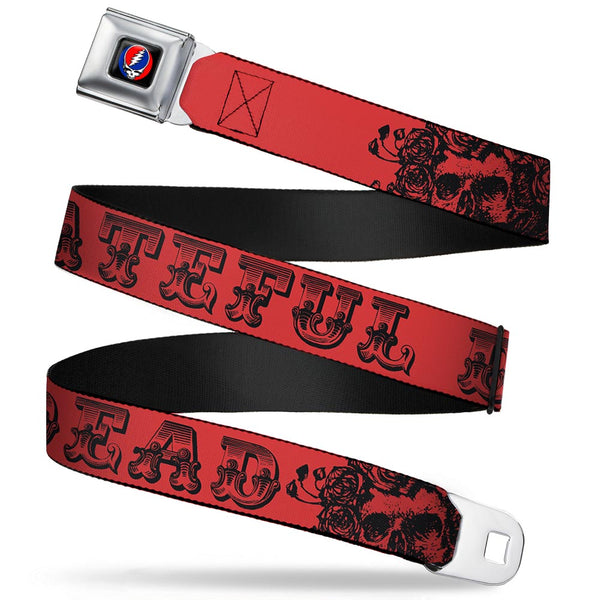 Buckle-Down Steal Your Face Seatbelt Belt - Grateful Dead Text w/Skull & Roses Red Webbing