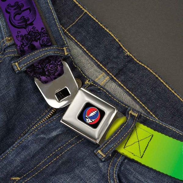 Buckle-Down Steal Your Face Seatbelt Belt - Grateful Dead Text W/Skull & Roses Rainbow Fade Webbing