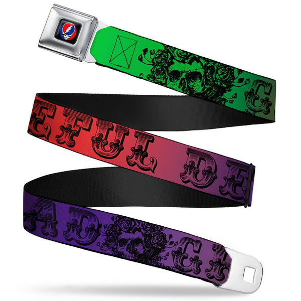 Buckle-Down Steal Your Face Seatbelt Belt - Grateful Dead Text w/Skull & Roses Rainbow Fade Webbing