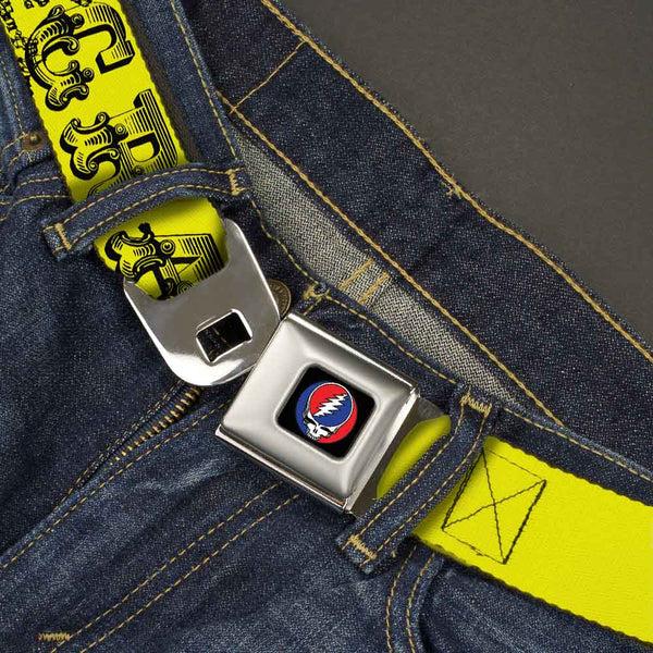 Buckle-Down Steal Your Face Seatbelt Belt - Grateful Dead Text W/Skull & Roses Yellow Webbing