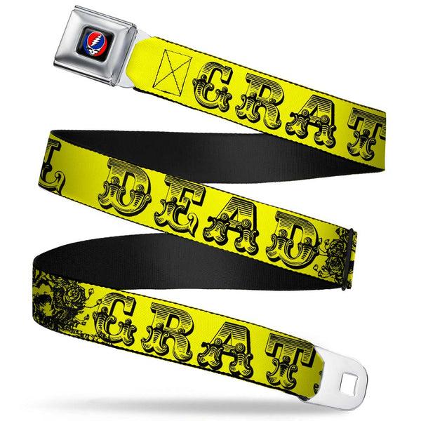 Buckle-Down Steal Your Face Seatbelt Belt - Grateful Dead Text w/Skull & Roses Yellow Webbing