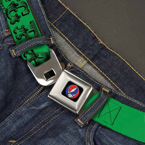 Buckle-Down Steal Your Face Seatbelt Belt - Grateful Dead Text W/Skull & Roses Green Webbing