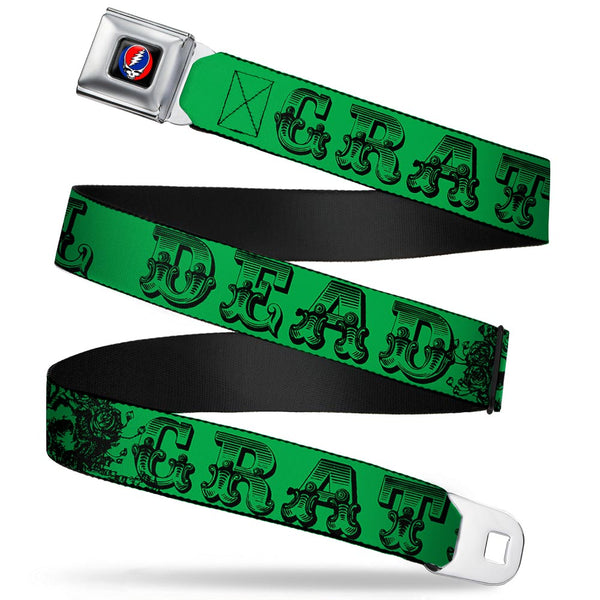 Buckle-Down Steal Your Face Seatbelt Belt - Grateful Dead Text w/Skull & Roses Green Webbing