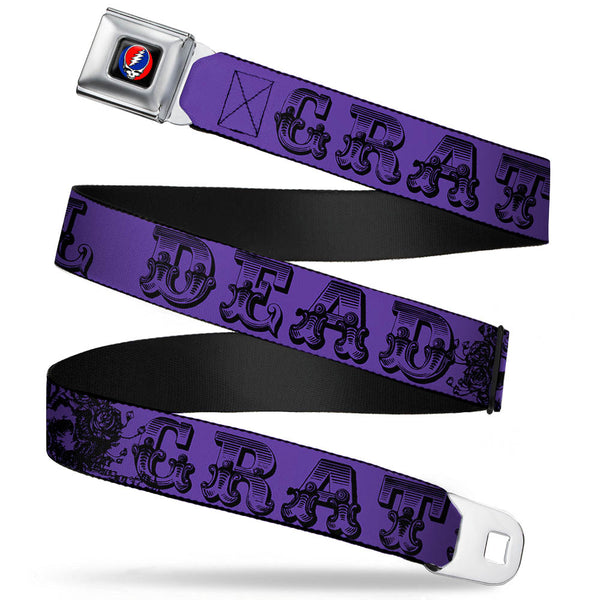 Buckle-Down Steal Your Face Seatbelt Belt - Grateful Dead Text w/Skull & Roses Purple Webbing