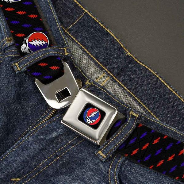 Buckle-Down Steal Your Face Seatbelt Belt - Steal Your Face Repeat W/Mini Lightning Bolt Black/Red/White/Blue Webbing