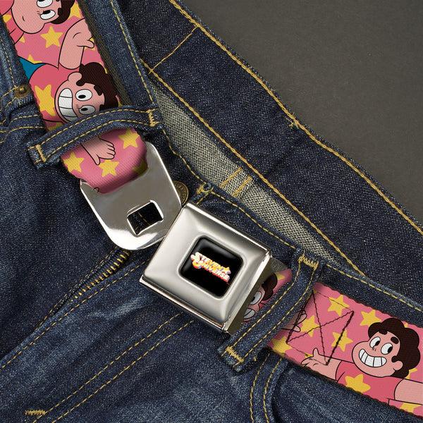 Buckle-Down STEVEN UNIVERSE Title Logo Full Color Black Seatbelt Belt - Steven Universe Poses And Stars Pink/Yellow Webbing