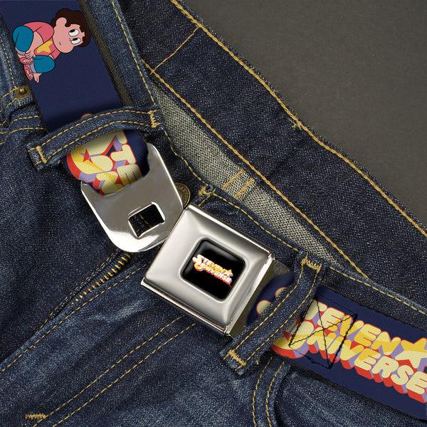 Buckle-Down STEVEN UNIVERSE Title Logo Full Color Black Seatbelt Belt - STEVEN UNIVERSE Sitting Pose And Title Logo Navy Blue Webbing