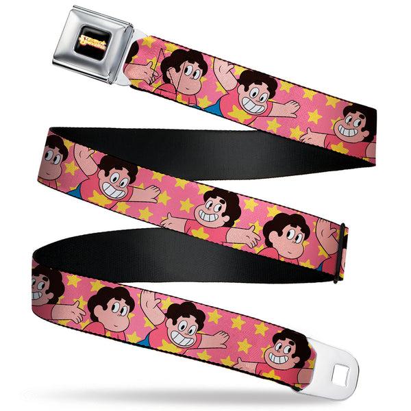 Buckle-Down STEVEN UNIVERSE Title Logo Full Color Black Seatbelt Belt - Steven Universe Poses and Stars Pink/Yellow Webbing