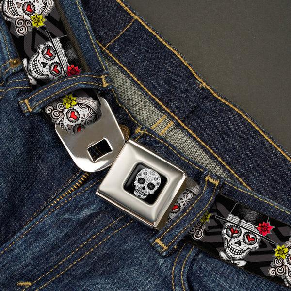 Buckle-Down Sugar Skull Full Color Black/White/Gray Seatbelt Belt - Los Novios Black/Gray/White/Multi Color Webbing