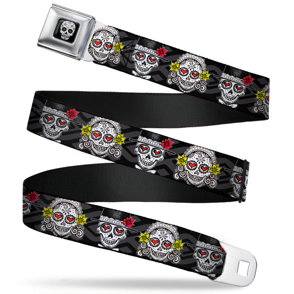 Buckle-Down Sugar Skull Full Color Black/White/Gray Seatbelt Belt - Los Novios Black/Gray/White/Multi Color Webbing