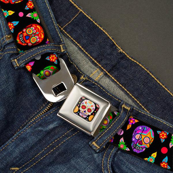 Buckle-Down Sugar Skull Starburst Full Color Black/Multi Color Seatbelt Belt - Colorful Calaveras Black/Multi Color Webbing
