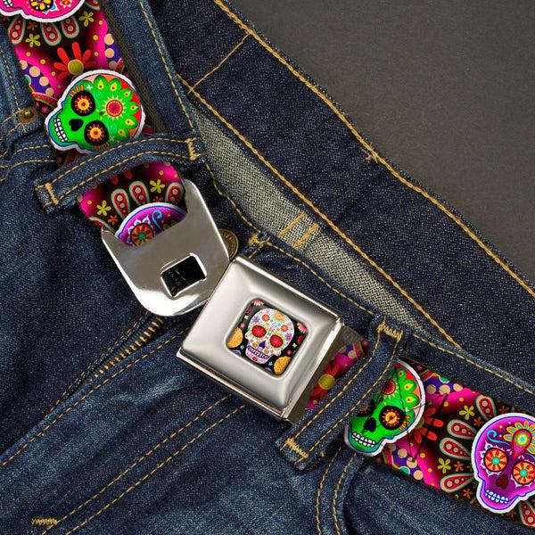 Buckle-Down Sugar Skull Starburst Full Color Black/Multi Color Seatbelt Belt - Six Sugar Skulls Multi Color Webbing