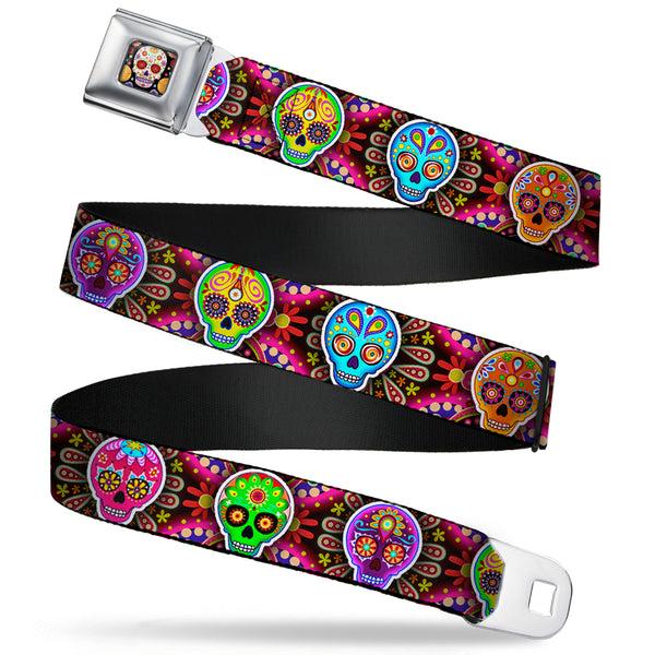 Buckle-Down Sugar Skull Starburst Full Color Black/Multi Color Seatbelt Belt - Six Sugar Skulls Multi Color Webbing