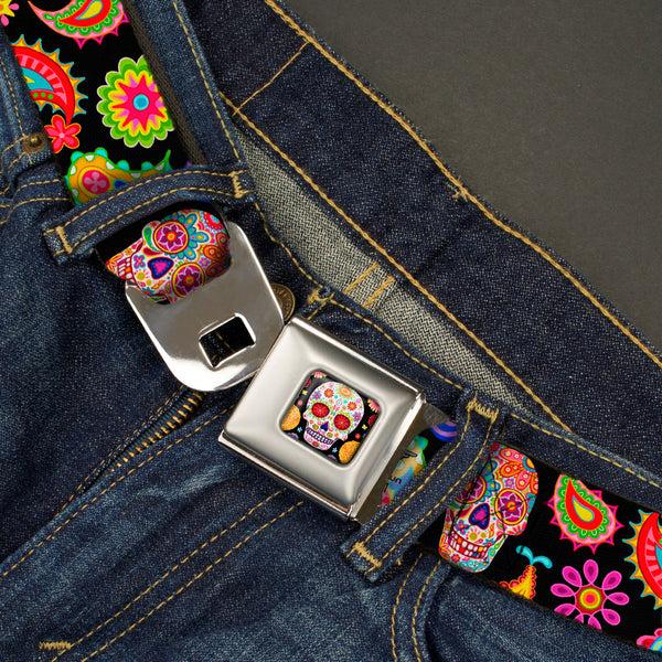 Buckle-Down Sugar Skull Starburst Full Color Black/Multi Color Seatbelt Belt - Bobo Sugar Skull/Paisley Black/Multi Color Webbing