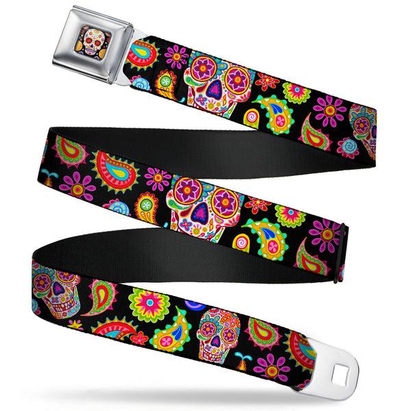 Buckle-Down Sugar Skull Starburst Full Color Black/Multi Color Seatbelt Belt - Bobo Sugar Skull/Paisley Black/Multi Color Webbing