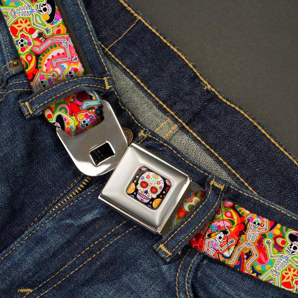 Buckle-Down Sugar Skull Starburst Full Color Black/Multi Color Seatbelt Belt - Dancing Catrinas Collage Multi Color Webbing