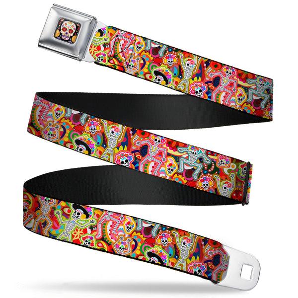 Buckle-Down Sugar Skull Starburst Full Color Black/Multi Color Seatbelt Belt - Dancing Catrinas Collage Multi Color Webbing