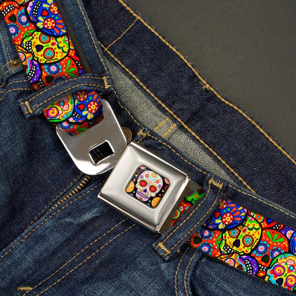 Buckle-Down Sugar Skull Starburst Full Color Black/Multi Color Seatbelt Belt - Colorful Calaveras Stacked Multi Color Webbing
