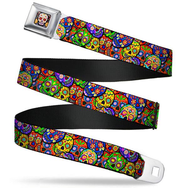Buckle-Down Sugar Skull Starburst Full Color Black/Multi Color Seatbelt Belt - Colorful Calaveras Stacked Multi Color Webbing
