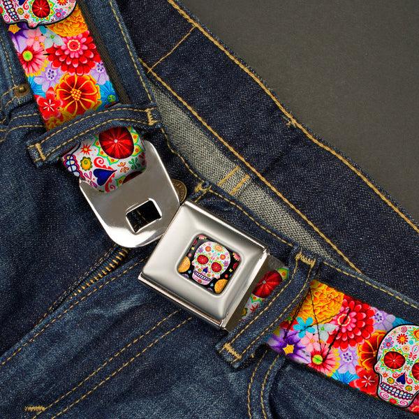 Buckle-Down Sugar Skull Starburst Full Color Black/Multi Color Seatbelt Belt - Sugar Skull Starburst White/Multi Color Webbing