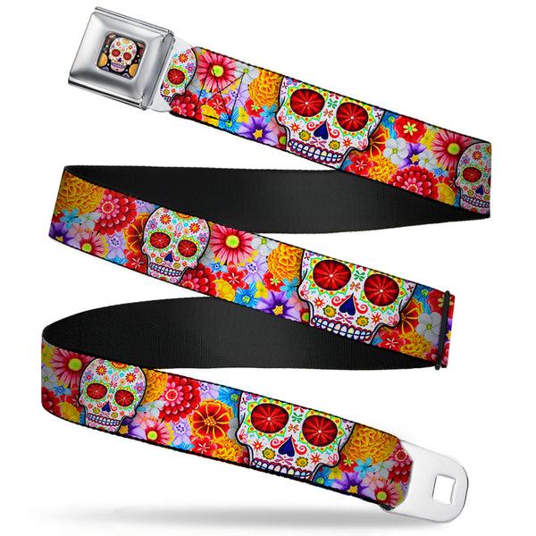 Buckle-Down Sugar Skull Starburst Full Color Black/Multi Color Seatbelt Belt - Sugar Skull Starburst White/Multi Color Webbing